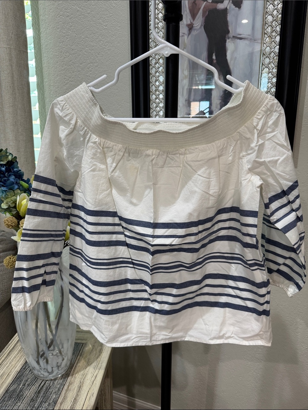 Vineyard Vines White Off-Shoulder Top with Navy Stripes